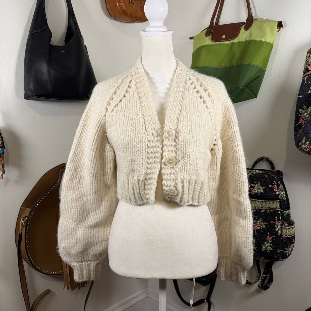 LoveShackFancy Cream Chunky Knit Cropped Cardigan Baby Alpaca Cottagecore XS